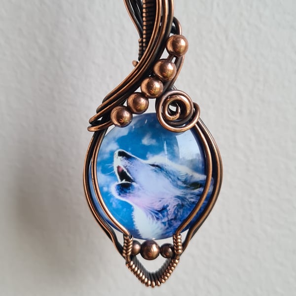 Howling Wolf Animal Glass & Copper Blue Pendant Necklace Gift Jewellery Jewelry