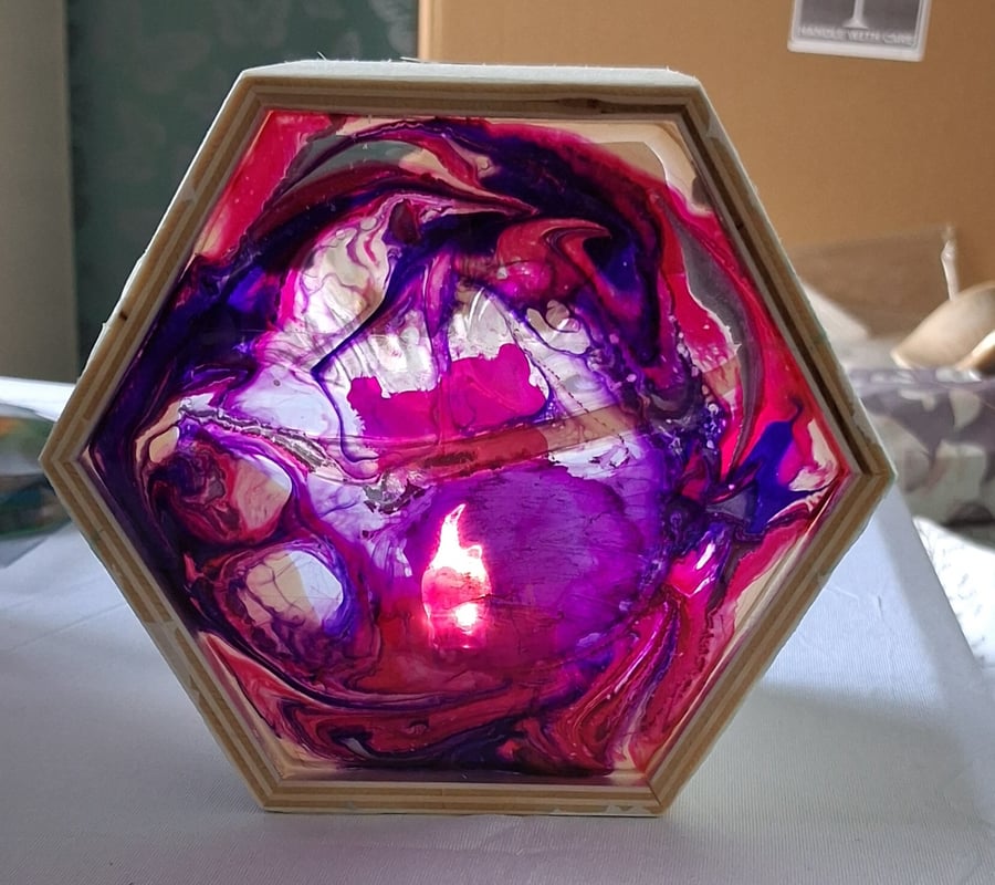 Handmade epoxy resin and wood lightbox. Pink and purple