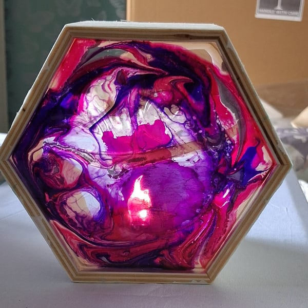Handmade epoxy resin and wood lightbox. Pink and purple