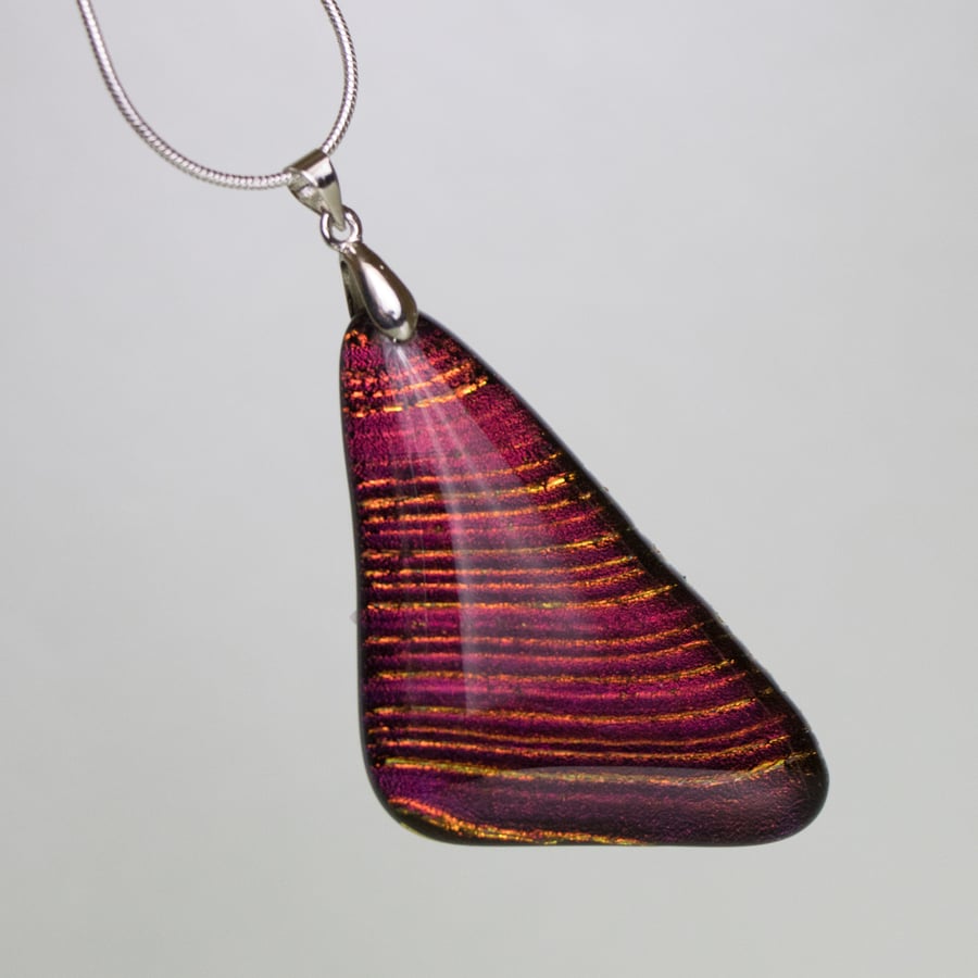 Striped Red and Gold Coloured Triangular Dichroic Glass Pendant - 1122