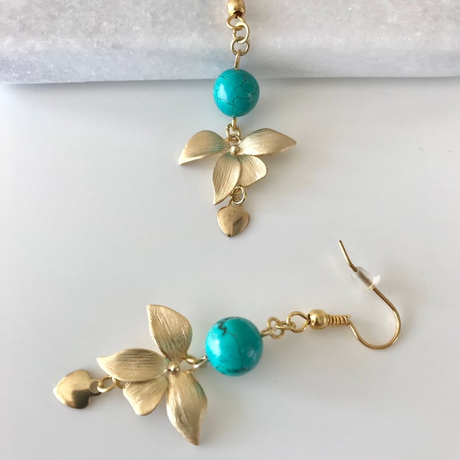 Gold flower and turquoise semi precious bead earrings 