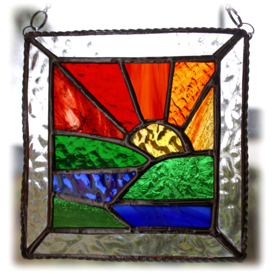 SOLD Setting Sun Picture Suncatcher Stained Glass Handmade Sunset 016
