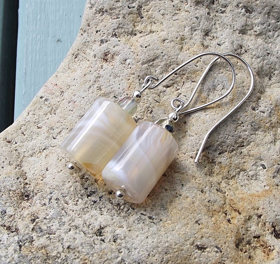 White cream stripe agate earrings sterling silver handmade gemstone