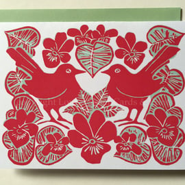 Love Birds & Violets Card in Red & Green