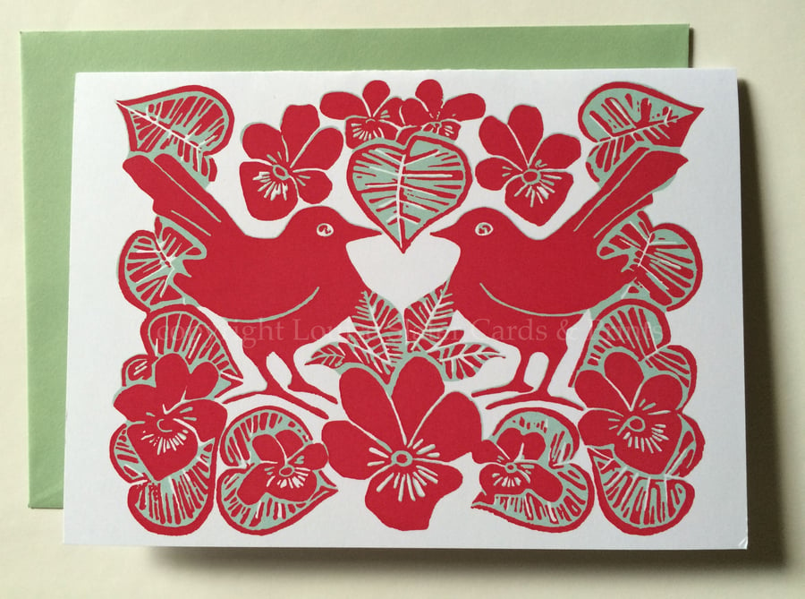 Love Birds & Violets Card in Red & Green