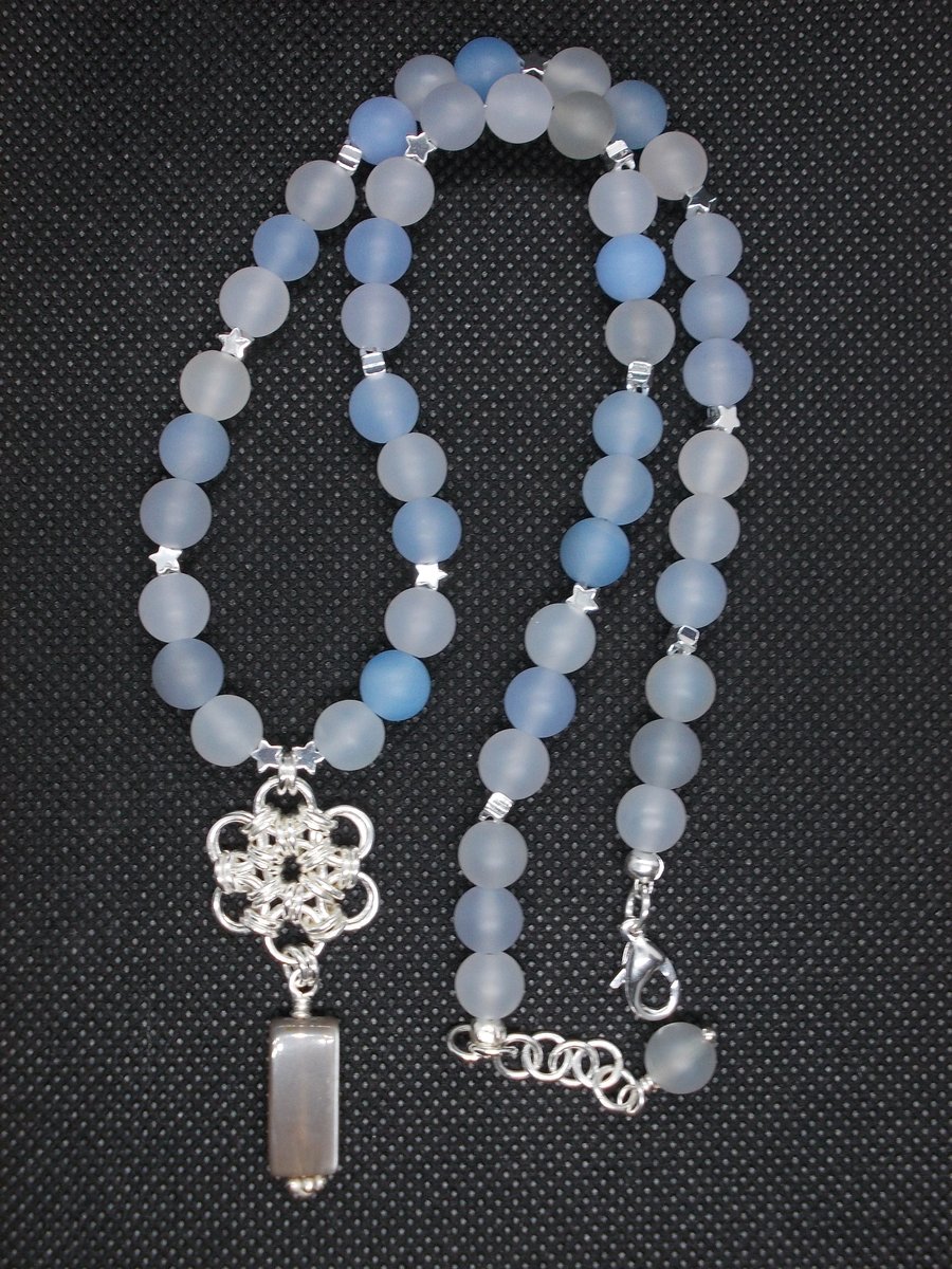 SALE - Frosted blue agate with silver plated chainmaille flower