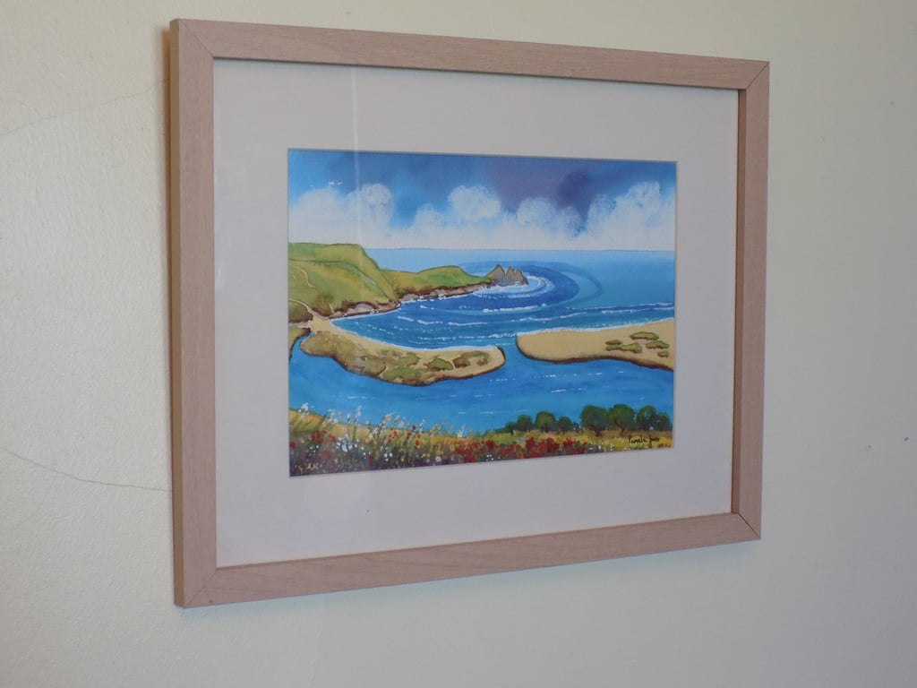 Three Cliffs Bay, Gower, Original Watercolour in 14 x 11'' Frame