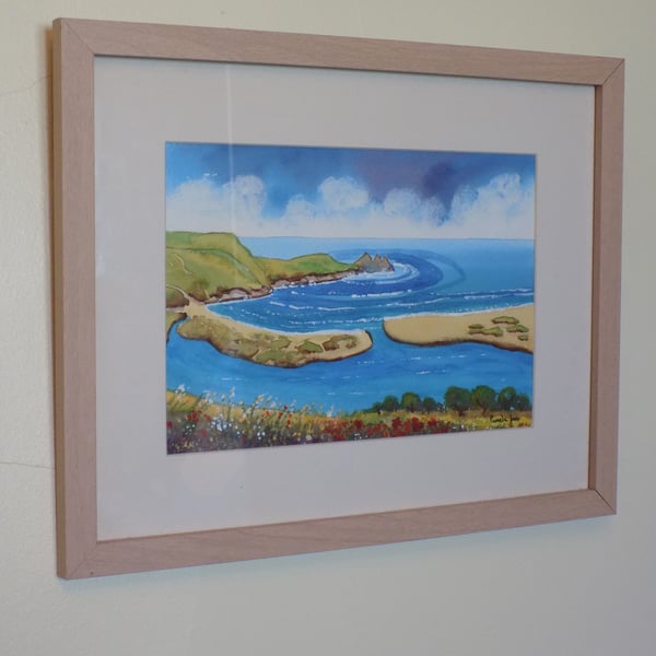 Three Cliffs Bay, Gower, Original Watercolour in 14 x 11'' Frame