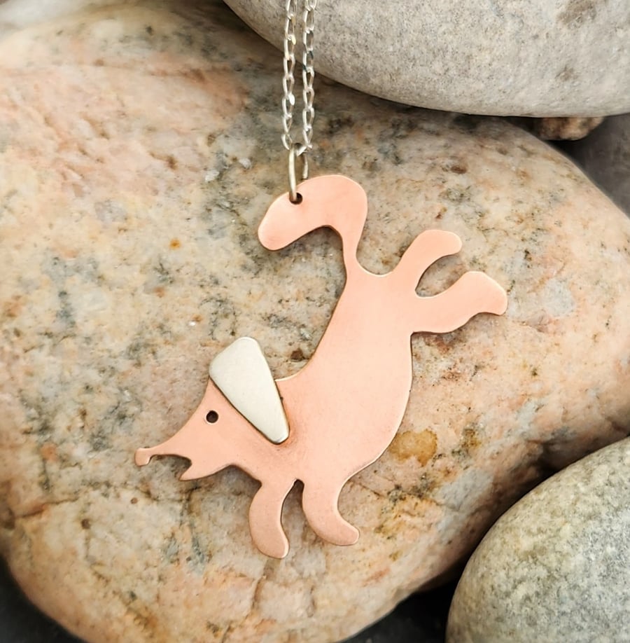 Dog pendant in copper and sterling silver