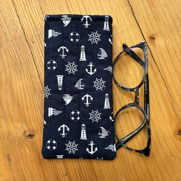 Nautical Theme Quilted Fabric Glasses Case