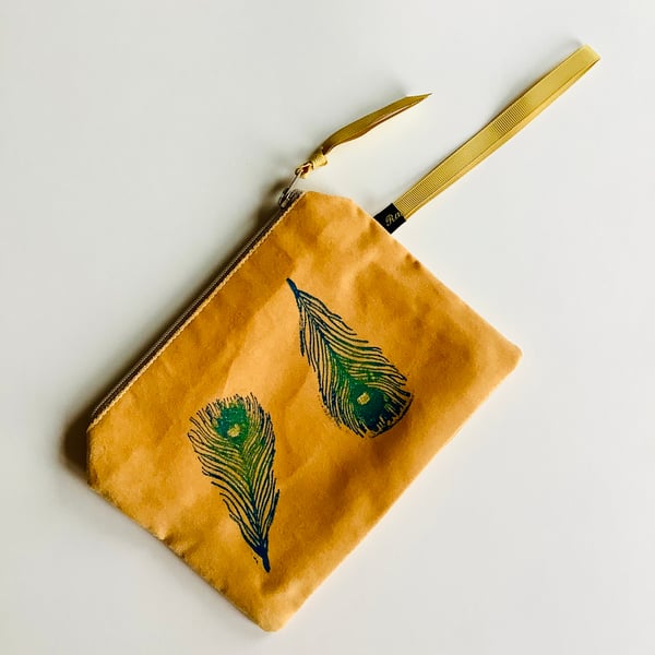 Antique Gold Peacock Feathers zip-up pouch