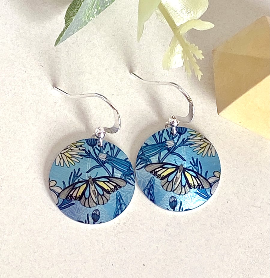 Butterfly drop earrings, blue discs dangle on sterling silver ear wires (196)
