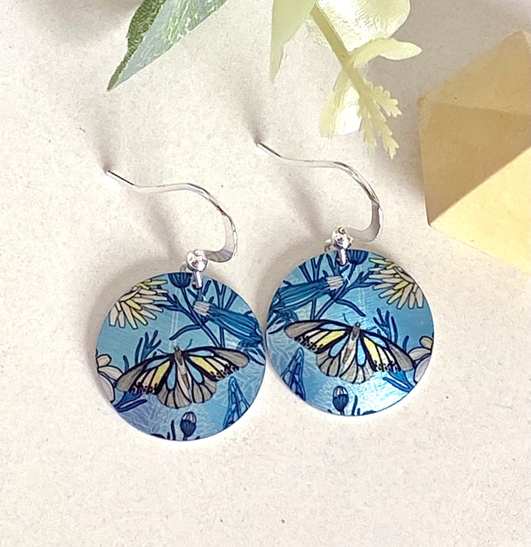 Butterfly drop earrings, blue discs dangle on sterling silver ear wires (196)