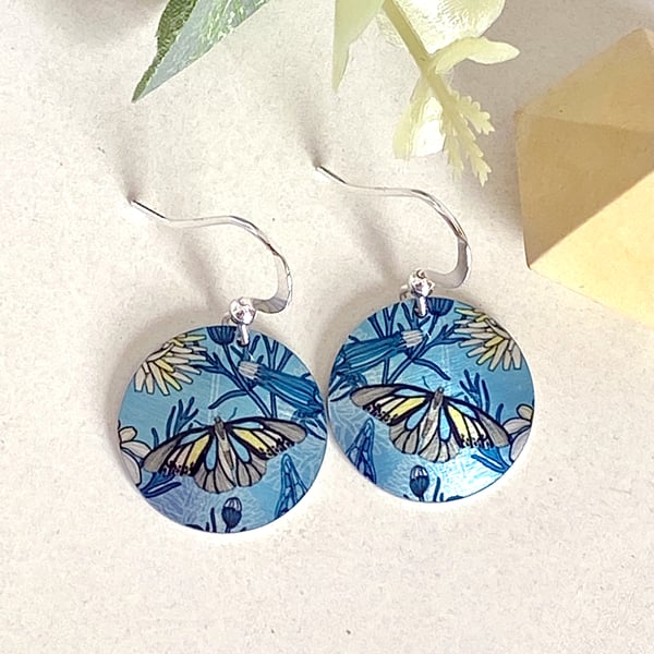 Butterfly drop earrings, blue discs dangle on sterling silver ear wires (196)