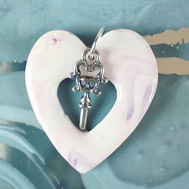 Marbled Polymer Clay Heart Pendant With Key Charm