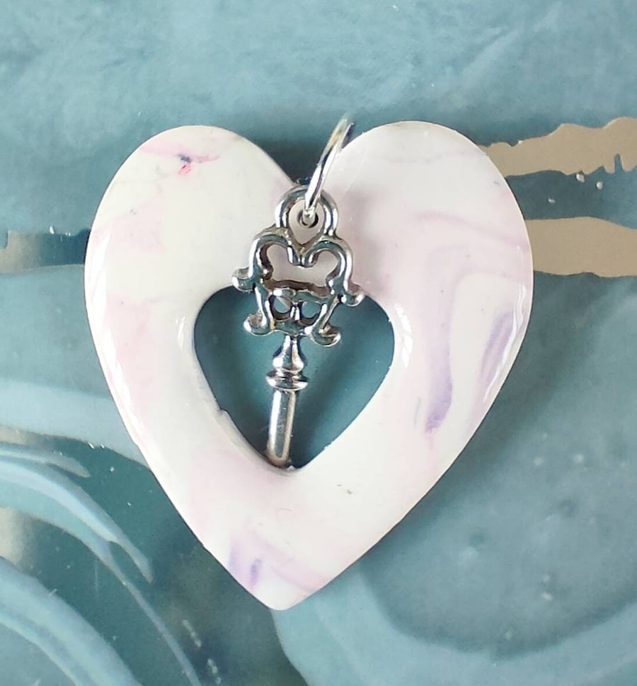 Marbled Polymer Clay Heart Pendant With Key Charm