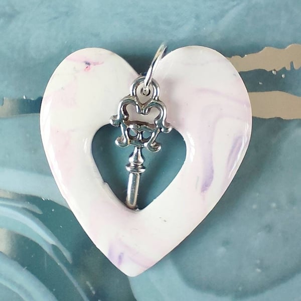 Marbled Polymer Clay Heart Pendant With Key Charm