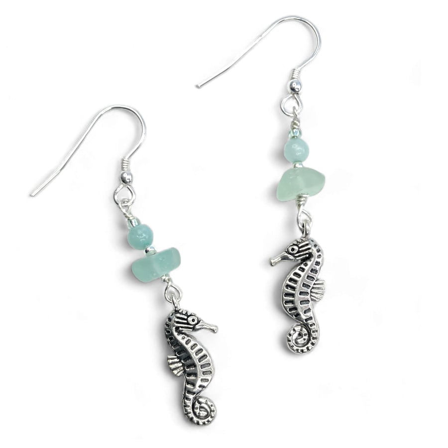 Seahorse Earrings. Green Sea Glass & Amazonite Crystal Beads. Silver Jewellery