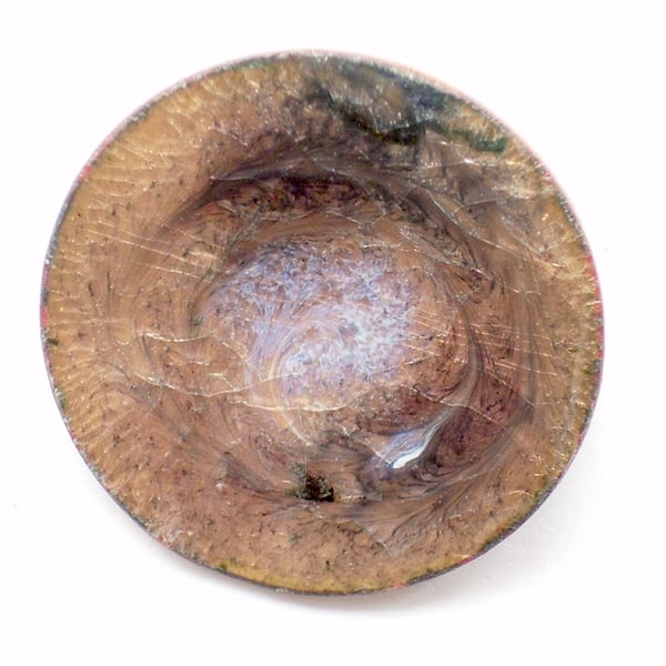 brooch -  round scrolled pink and black on clear enamel