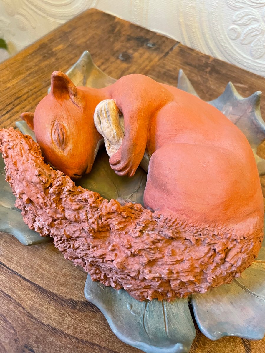 Handmade Red Squirrel Sculpture - Squirrel Sleeping on leaf art