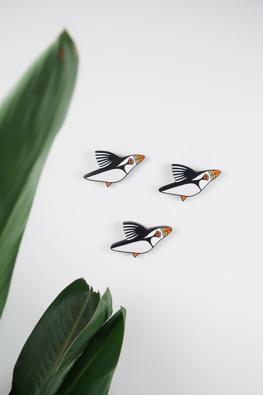 Puffin wall decoration, set of 3 flying miniature birds, wooden hand painted.