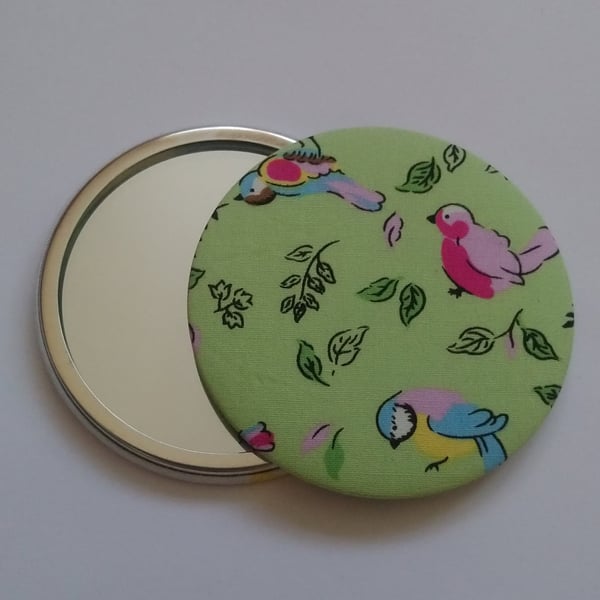 Green Bird Design Fabric Backed Pocket Mirror