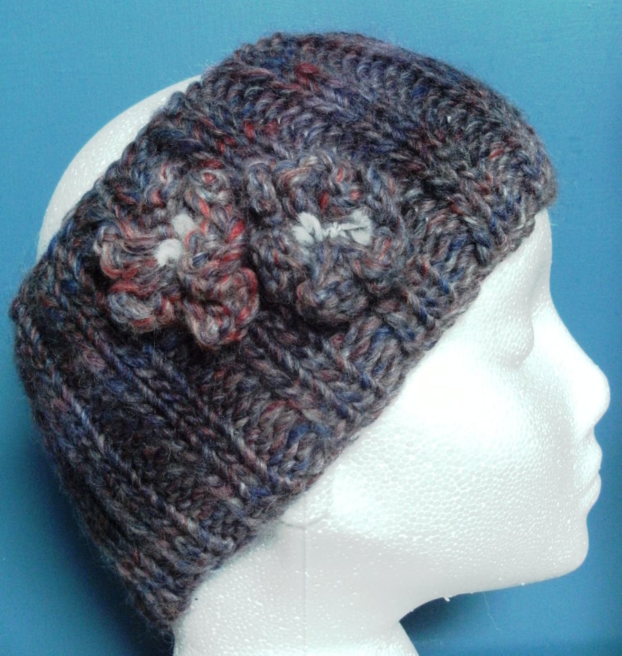 SALE! Hand Knitted Chunky Wool Headband in Lavender & Red 2 flowers M