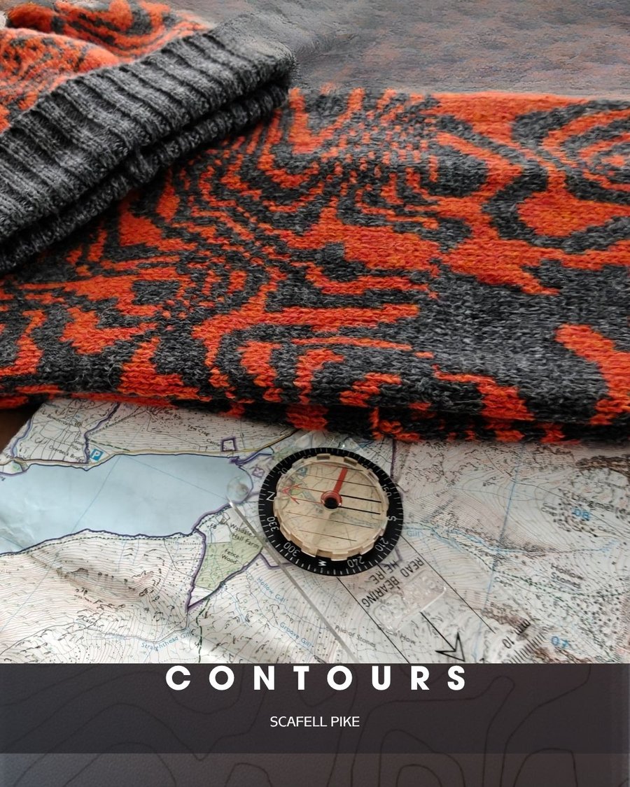 Orange, Grey Merino Unisex Cowl. Contours, Scafell Pike Lake District Map snood