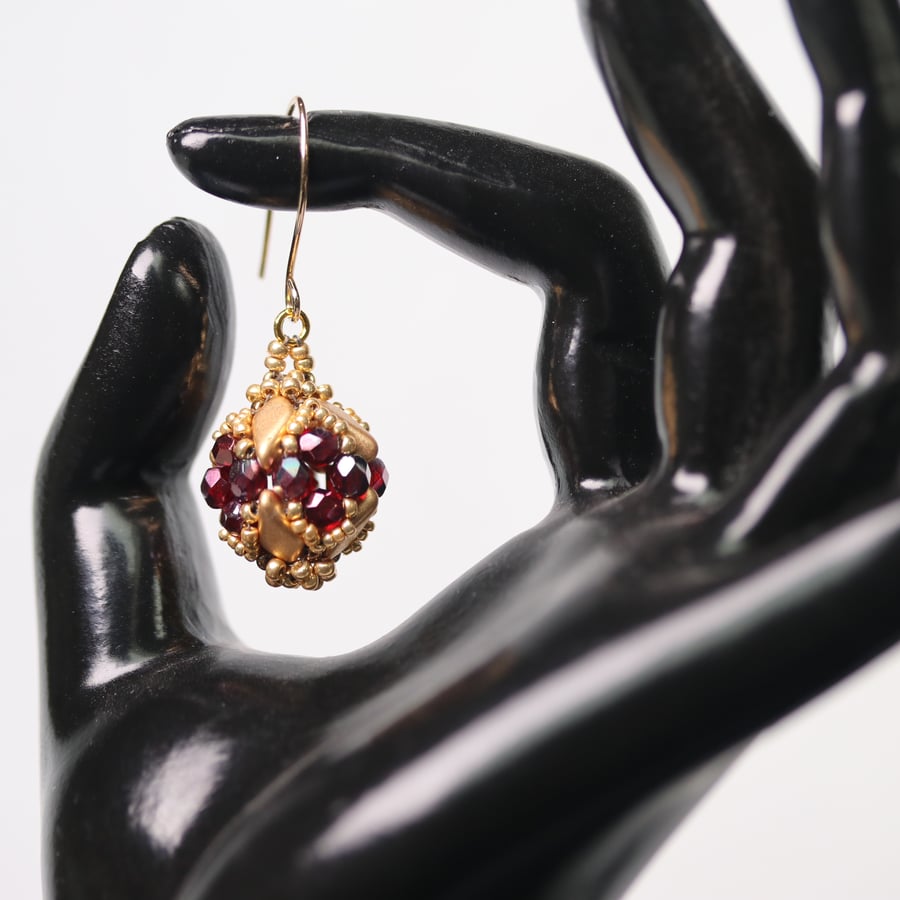 Beaded Bead Earrings in Red and Gold