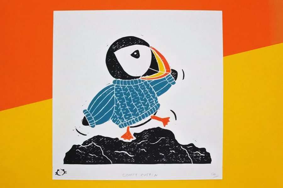 Comfy Puffin with jumper - Handmade lino print