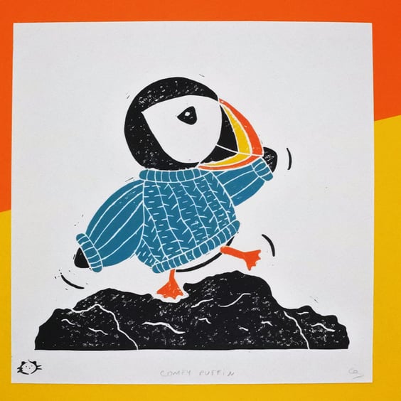 Comfy Puffin with jumper - Handmade lino print