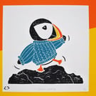 Comfy Puffin with jumper - Handmade lino print