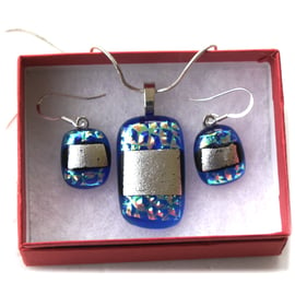 Dichroic Glass Pendant Earring Set 078 True Blue Silver and silver plated chain