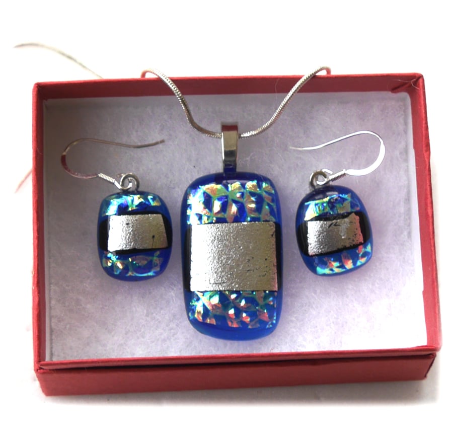 Dichroic Glass Pendant Earring Set 078 True Blue Silver and silver plated chain