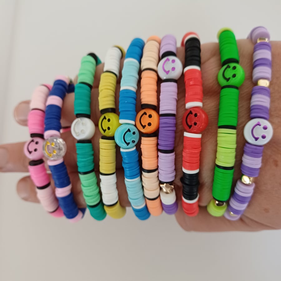 Handmade smiley face bracelets, colourful bracelets, clay beaded bracelets