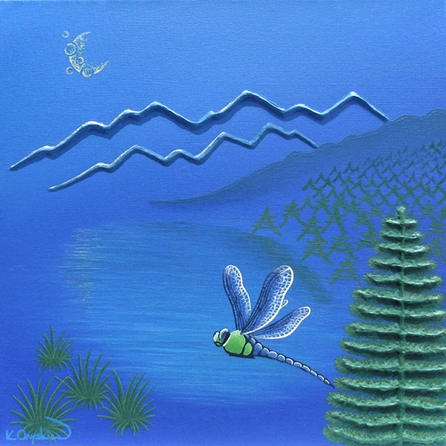 Mountain Lake Acrylic Art, original abstract landscape painting with dragonfl
