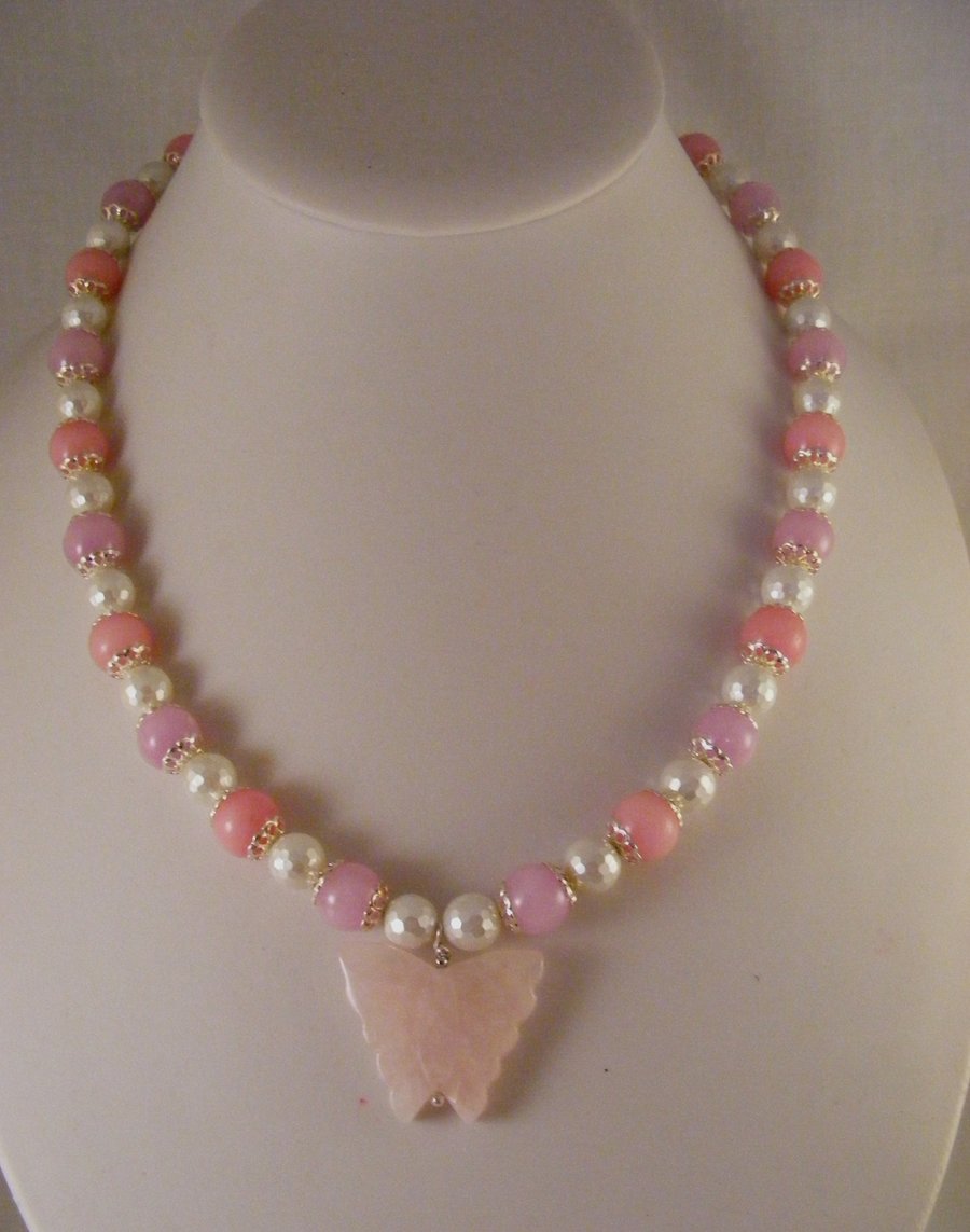 Quartzite, Shell Pearl and Rose Quartz Butterfly Necklace