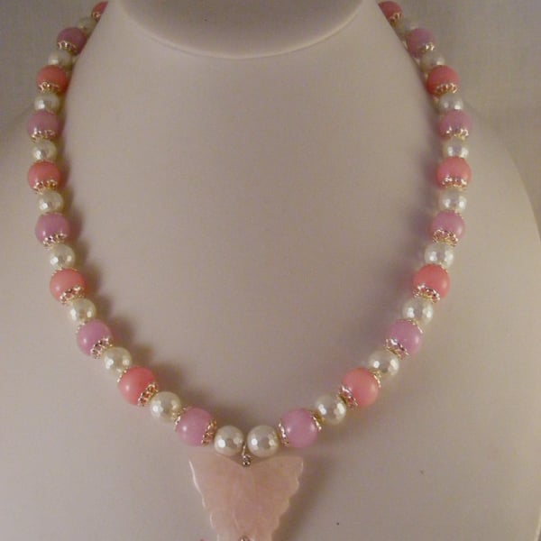 Quartzite, Shell Pearl and Rose Quartz Butterfly Necklace