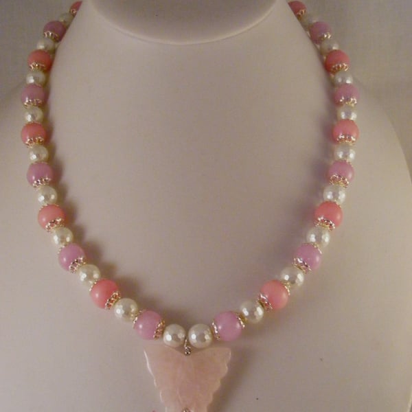 Quartzite, Shell Pearl and Rose Quartz Butterfly Necklace