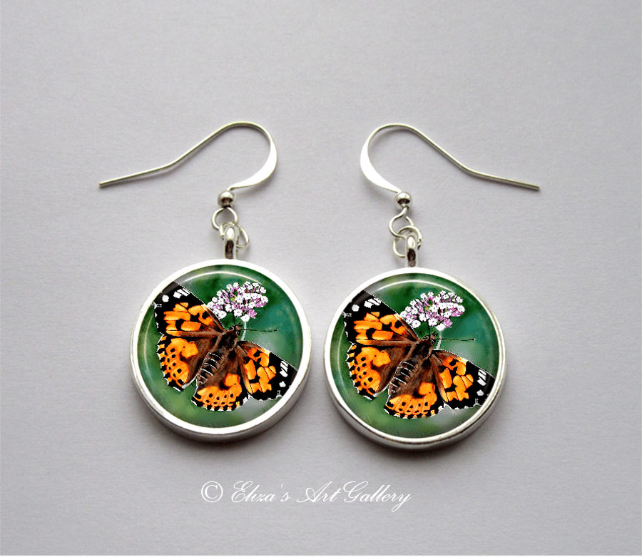 Silver Plated Painted Lady Butterfly Art Earrings