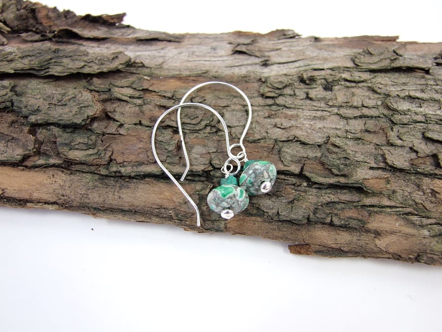 Earrings, Sterling Silver Long Drop with Natural Emerald and Dyed Jasper