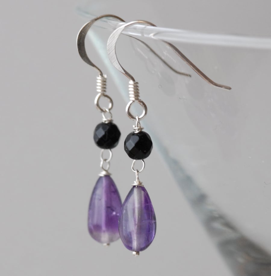 Purple Amethyst and Black Onyx Silver drop earrings
