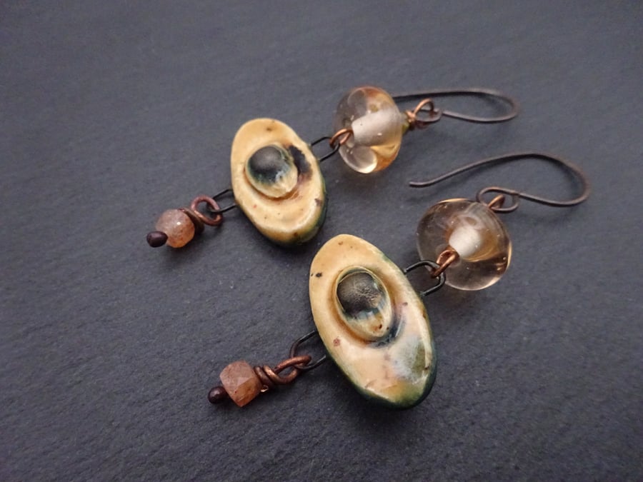 peach pink lampwork glass and ceramic earrings, copper jewellery