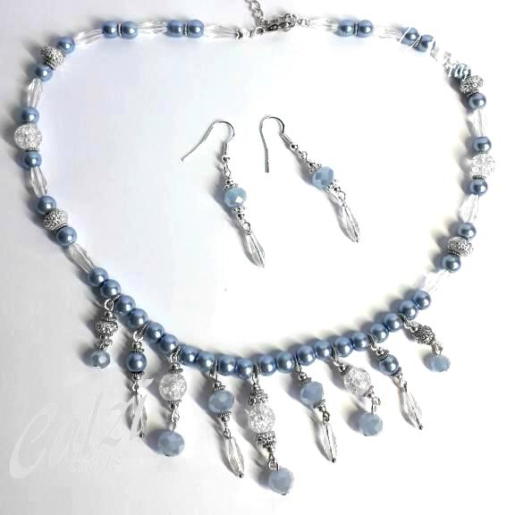 Sparkly Pale Blue Pearl & Crystal Necklace & Earrings