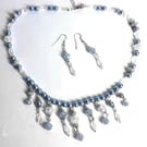 Sparkly Pale Blue Pearl & Crystal Necklace & Earrings
