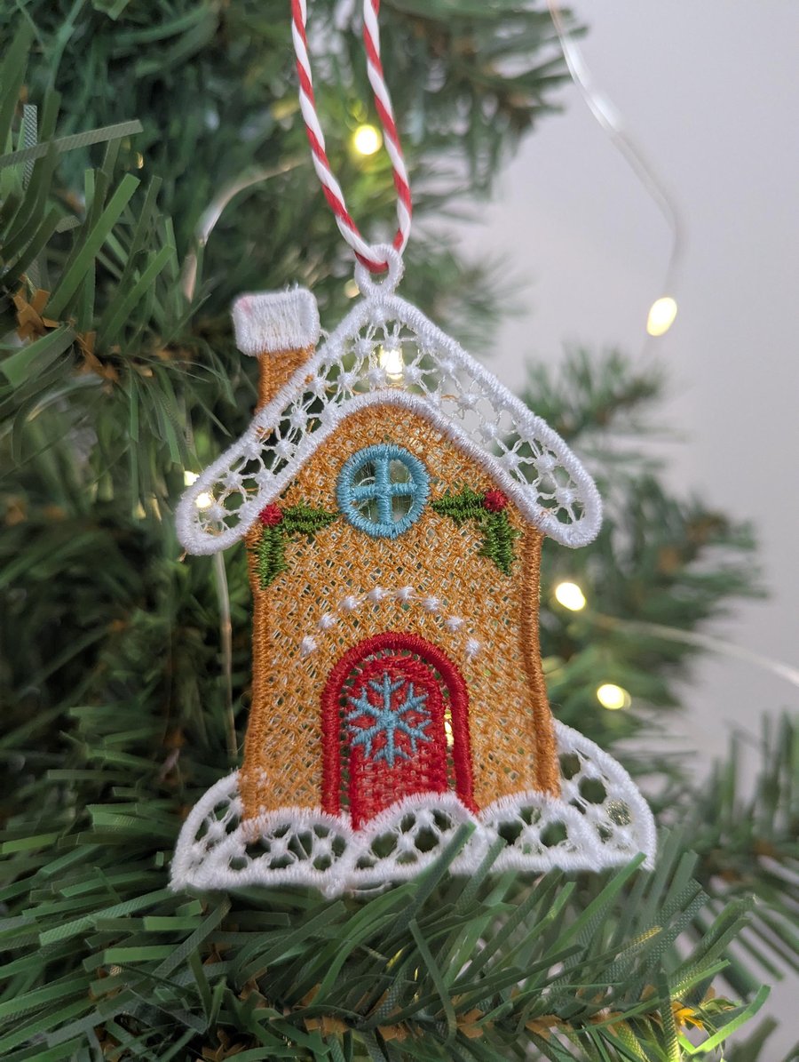 Machine Embroidery Gingerbread House Ornament: Lace Christmas Decoration