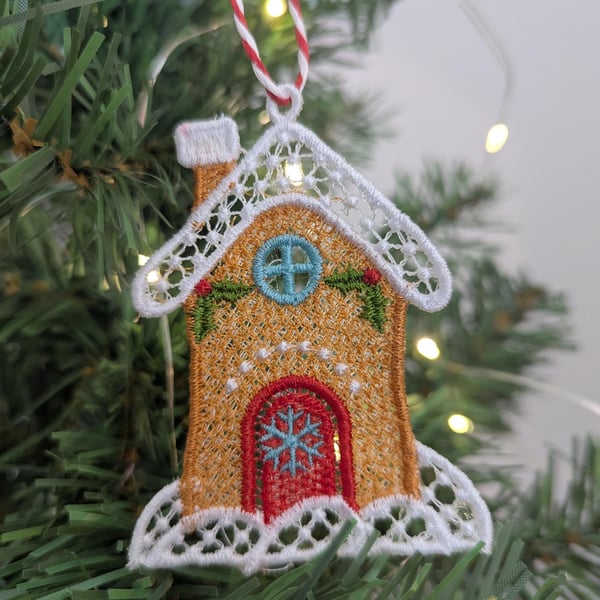 Machine Embroidery Gingerbread House Ornament: Lace Christmas Decoration