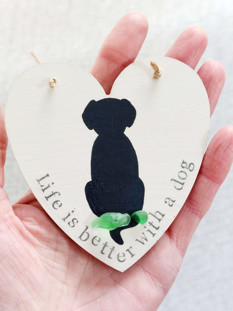 Sea Glass Dog Decoration, Beach Glass Hanging Heart Ornament Gift for Dog Lovers