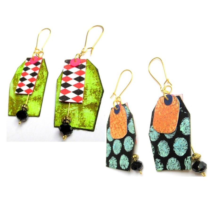 Reversible Statement Earrings Colourful Lightweight Painted Paper Arty Jewellery