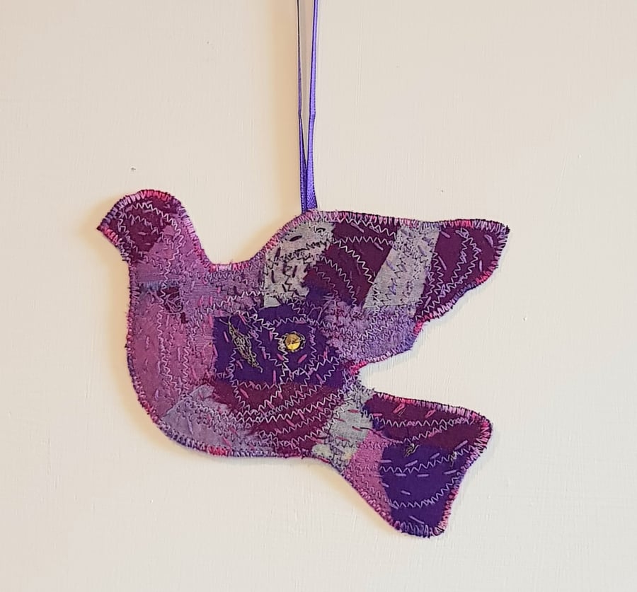 Sari silk dove hanging decoration: shades of purple